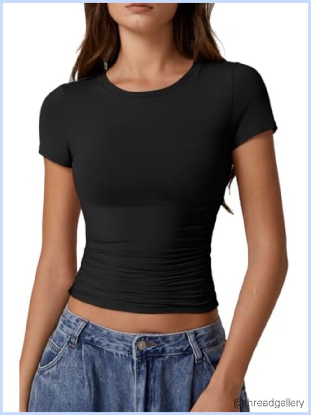 Women's Y2k Crop Top Double Lined Round Neck Short Sleeve Tee